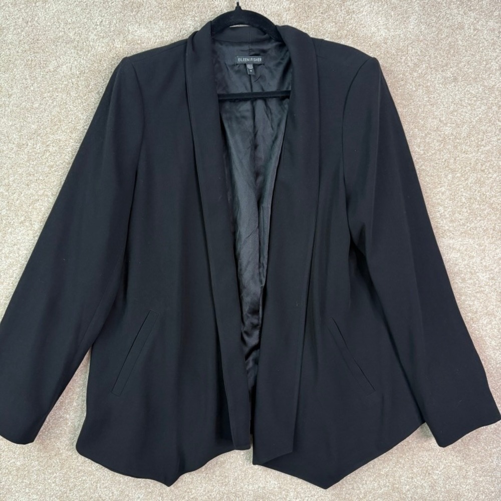 EILEEN FISHER Blazer Women's Medium Black Open‎ Front Silk Lined Professional
